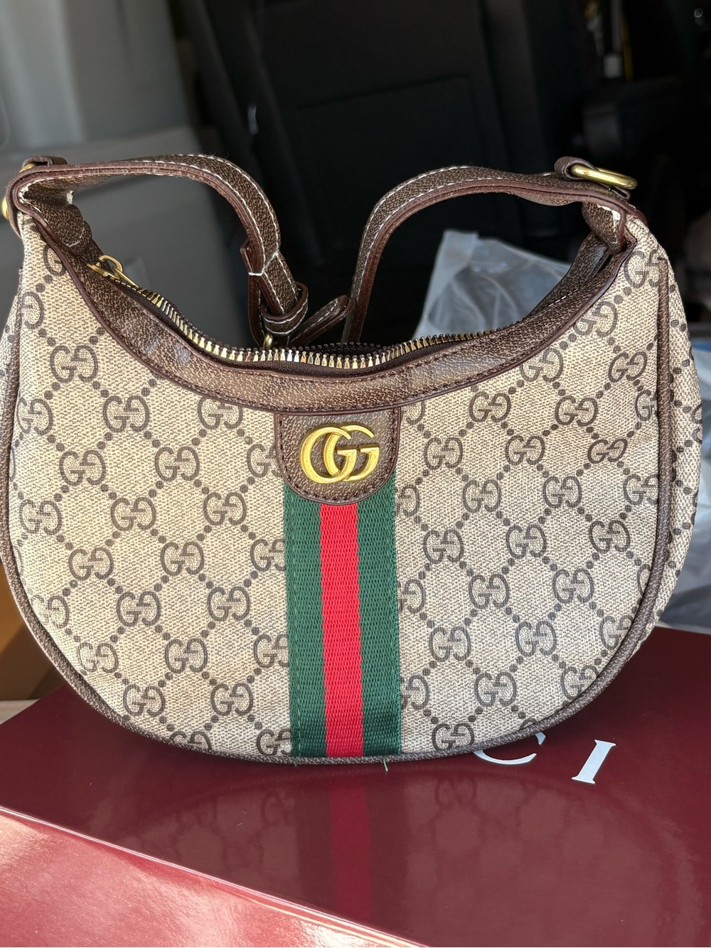 Gucci Beige GG Supreme Shoulder Bag with Green and Red Web Stripe